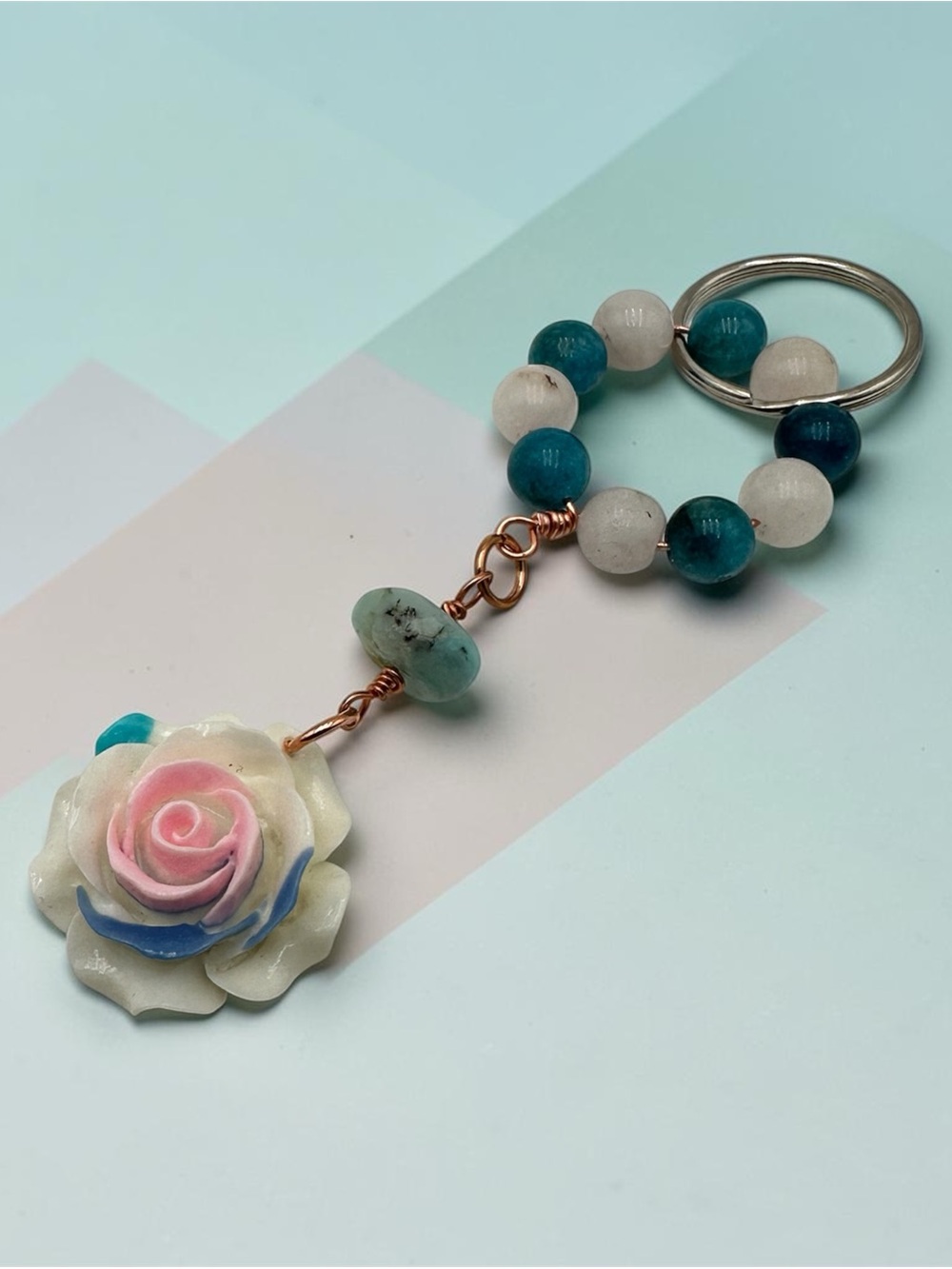 Handmade Blue & White Beaded Rose Keychain Floral Bag Charm Gift